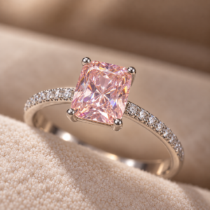 Close-up of Blush Gemstone 925 Silver Ring featuring a rectangular pink gemstone and sparkling pavé band
