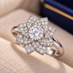 Close-up of Lotus Bloom 925 Silver Spinning Ring featuring a sparkling centre stone and intricate lotus petals