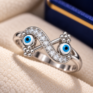 Close-up of Evil Eye Infinity 925 Silver Ring featuring sparkling infinity curves, blue evil-eye motifs, and silver bead accents