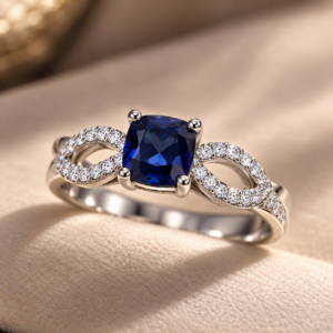 Close-up of a deep-blue cushion-cut center stone with intricate diamond-studded curved loop detailing on both sides.