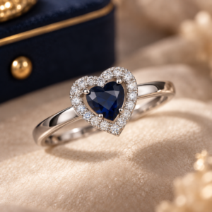 Close-up detail of the Sapphire Heart Halo Ring featuring a deep blue heart-shaped center stone and pavé halo.