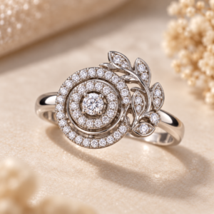 Close-up detail of Eternal Leaf Halo Ring with sparkling halo and leaf detailing