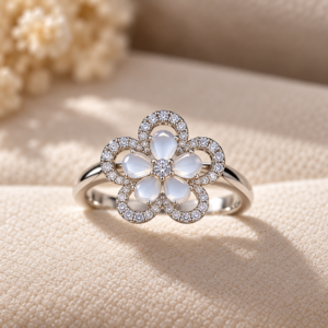 Close-up detail of the Blue Petal Halo Ring showing soft blue flower petals, a sparkling centre stone and pavé-set halo detailing.