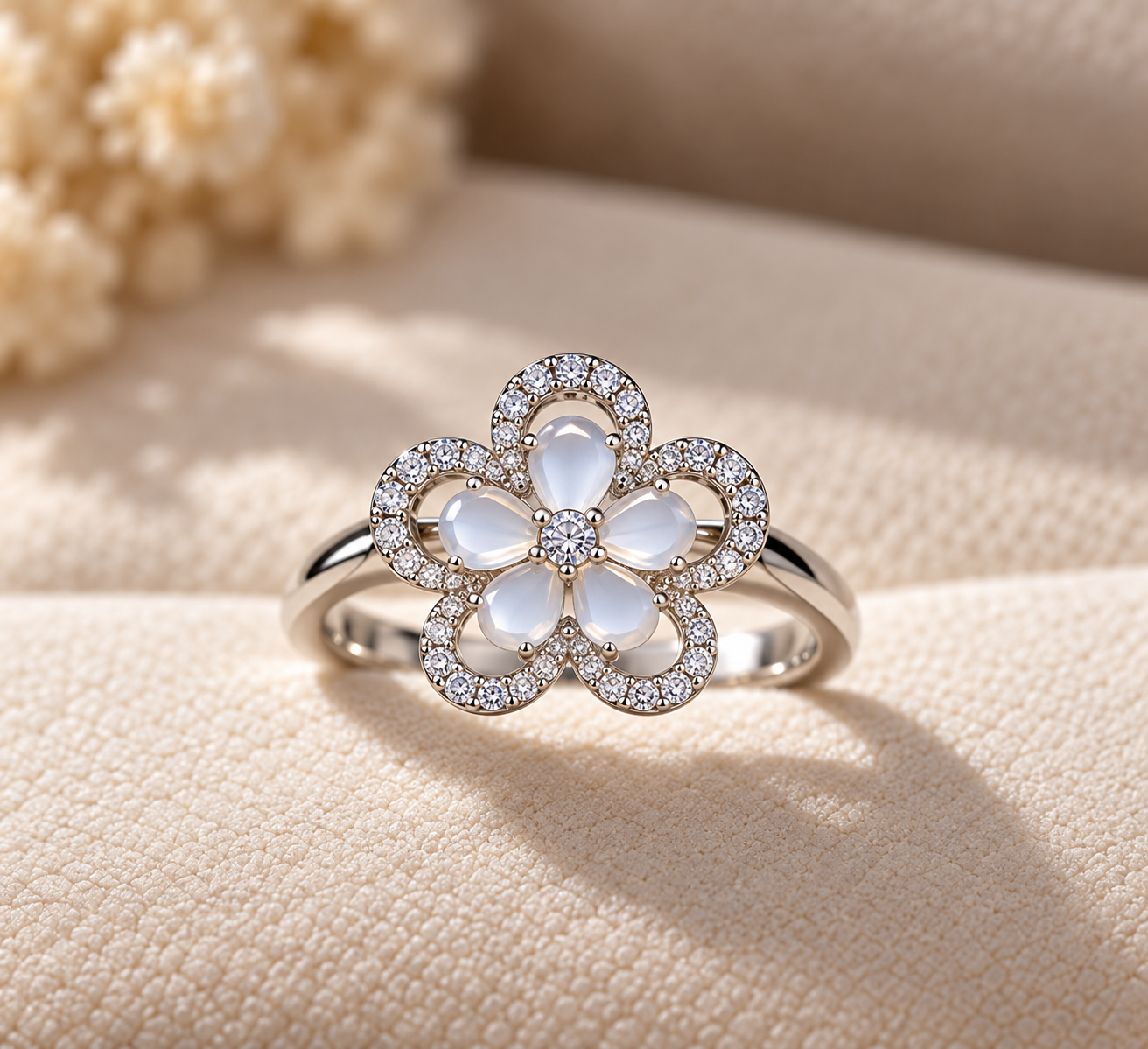 Close-up detail of the Blue Petal Halo Ring showing soft blue flower petals, a sparkling centre stone and pavé-set halo detailing.