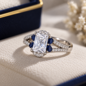 Close-up detail of the Emerald-Cut Sapphire Halo Ring showing the emerald-cut centre stone, deep-blue sapphire accents and sparkling pavé-set diamond details.