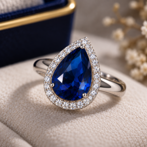 Close-up detail of a deep blue pear-cut sapphire surrounded by a sparkling diamond halo in a polished white metal setting.