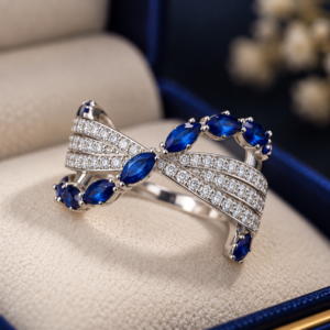 Close-up detail of the Royal Sapphire Twist Ring showing marquise-cut blue sapphires intertwined with sparkling diamond-paved bands.