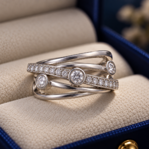 Close-up of the Pavé Trio Wrap Ring showing its intertwined 925 silver bands, three round stone accents, and delicate pavé detailing.