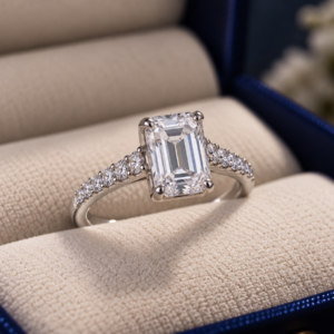 Close-up of the Elora Signature Ring showing its emerald-cut center stone, refined silver setting, and delicate pavé detailing along the band.