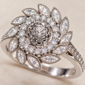 Close-up of the Sunburst Floral Diamond Ring showing its intricate sunburst-inspired centre, sparkling marquise-shaped petals, delicate stone detailing, and refined silver setting.