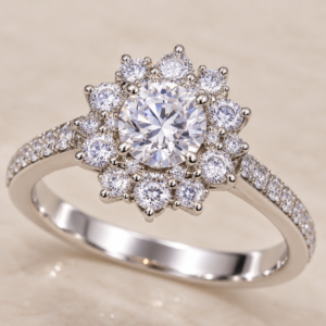 A graceful 925 silver engagement ring featuring a brilliant round centre stone surrounded by a delicate floral halo of sparkling stones, paired with a refined pavé band for an elegant and timeless look.