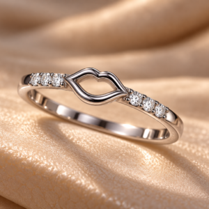 Close-up of the Lips Embrace Diamond Ring showing its petite open-lips design, polished 925 silver finish, and delicate rows of diamonds on both sides.