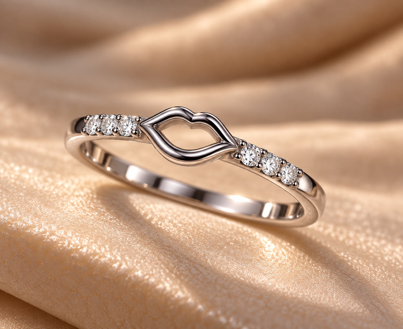 Close-up of the Lips Embrace Diamond Ring showing its petite open-lips design, polished 925 silver finish, and delicate rows of diamonds on both sides.
