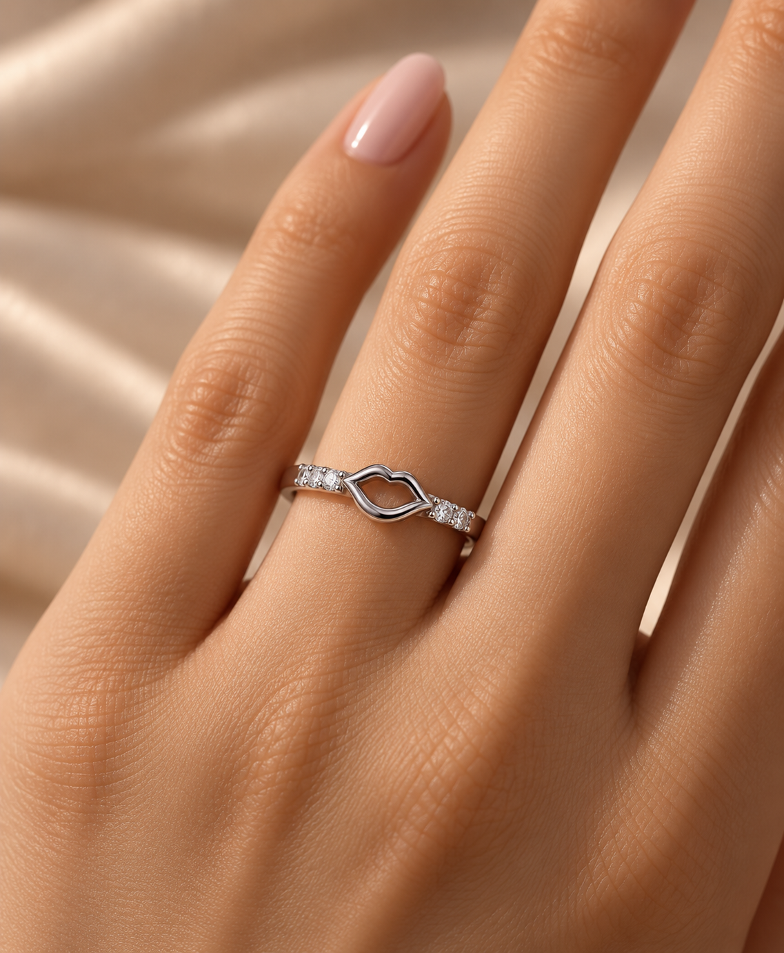 Lips Embrace Diamond Ring in 925 silver with a small open-lips centre design and delicate diamond accents worn elegantly on the ring finger.