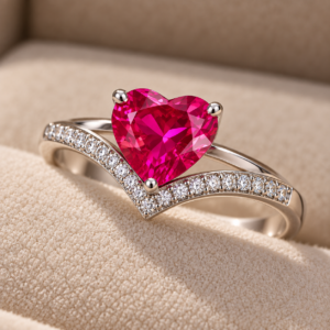Close-up of the Fuchsia Heart Gemstone Ring showing its vivid heart-shaped fuchsia gemstone, polished 925 silver finish, prong setting, and sparkling V-shaped stone accents.