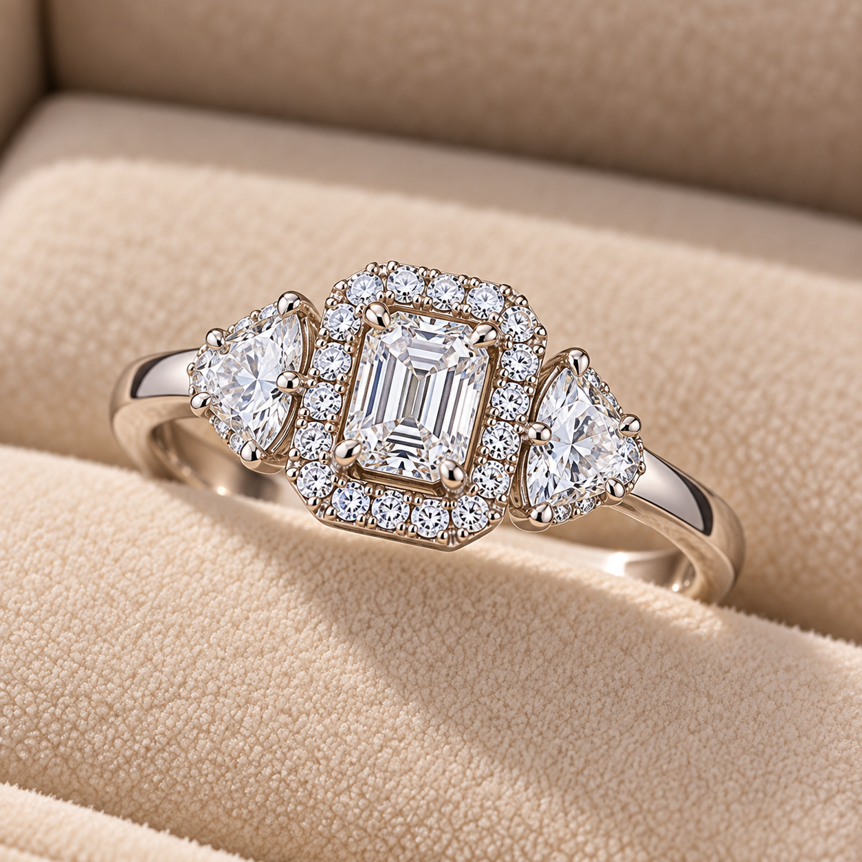 Close-up of the Majestic Halo Ring showing its sparkling centre stone, surrounding diamond halo, side stones, polished 925 silver finish, and detailed prong setting.