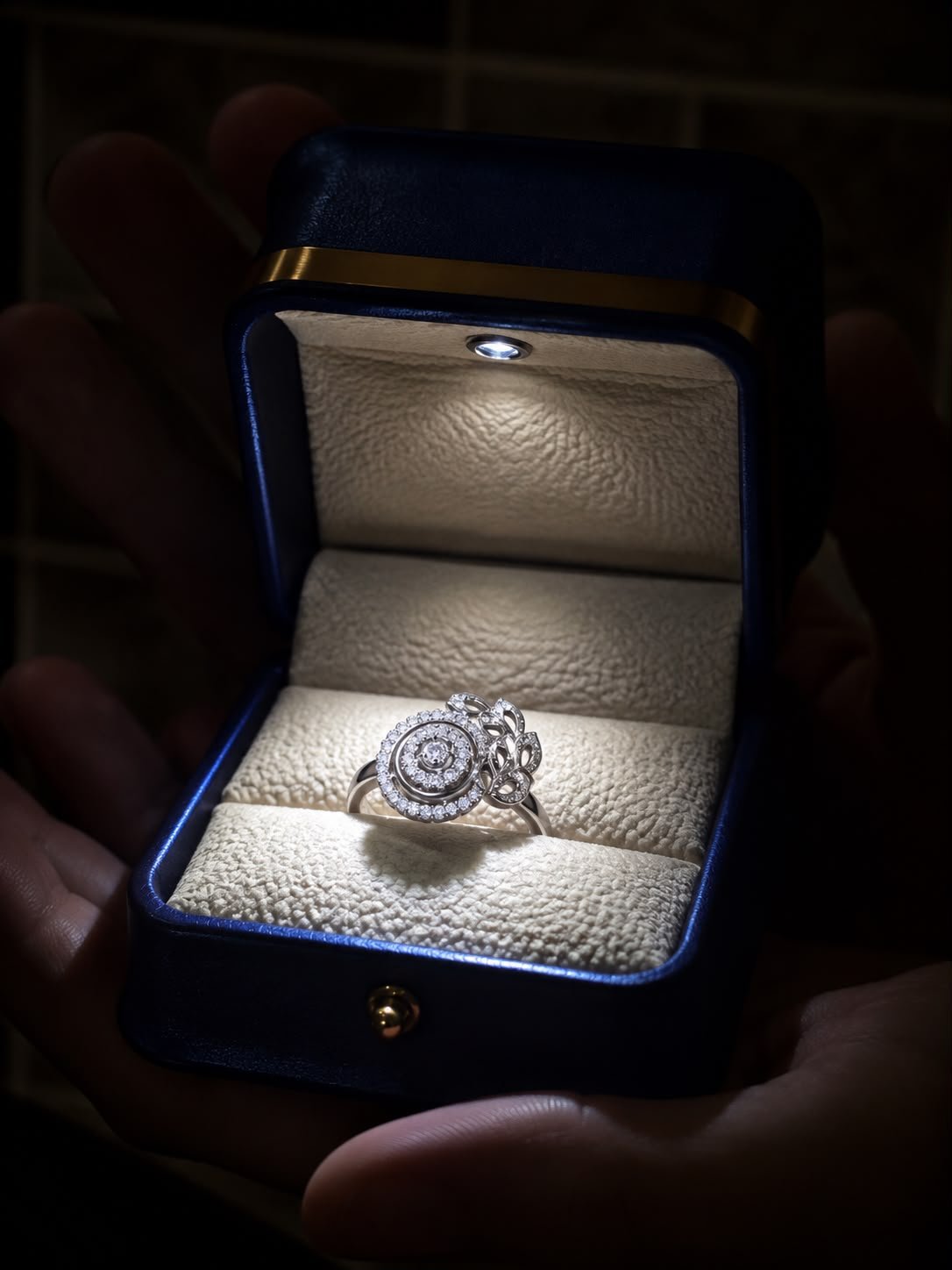 Eternal Leaf Halo Ring displayed in a luxury jewellery box