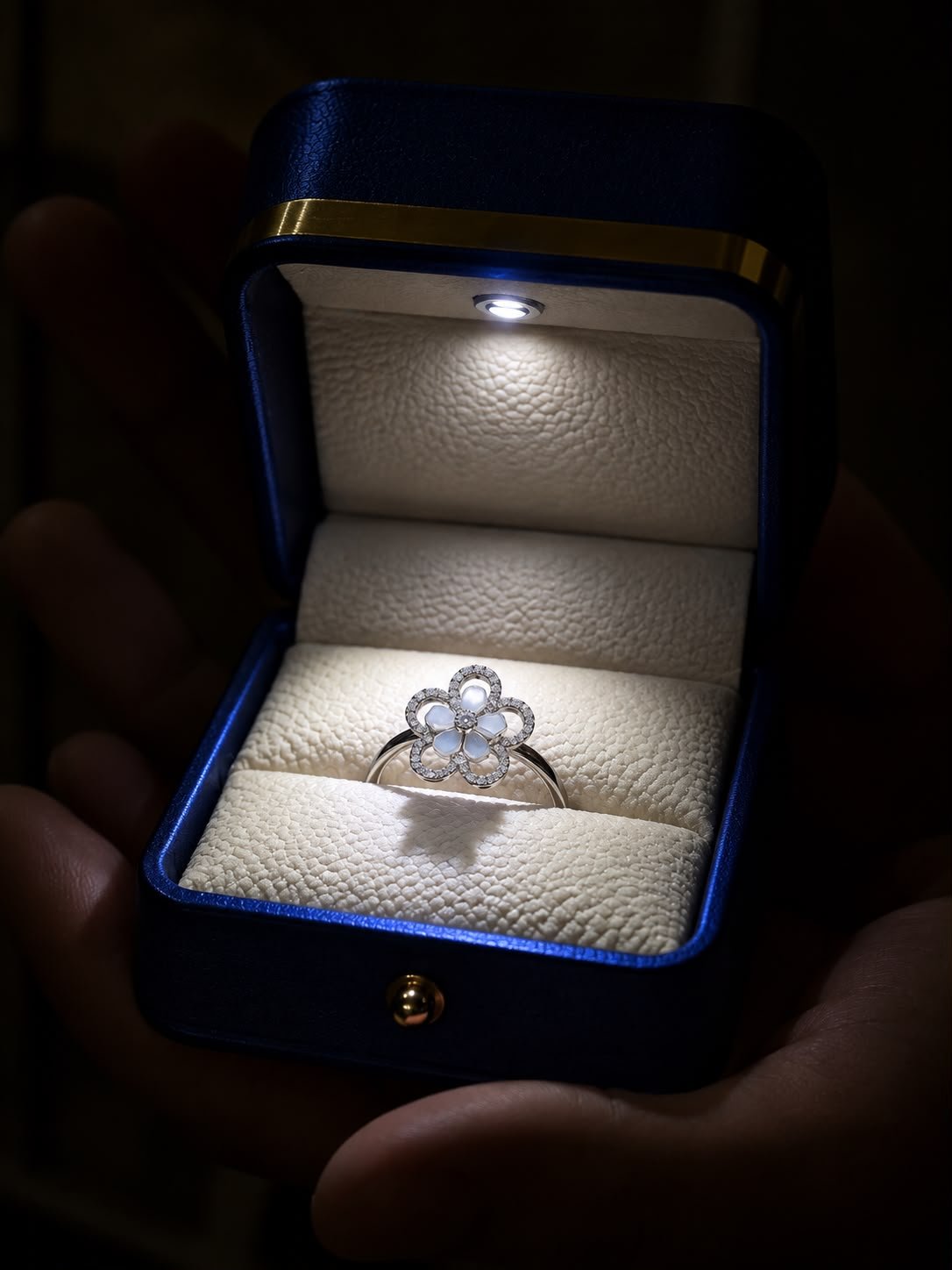 Blue Petal Halo Ring with soft blue flower-shaped petals and sparkling pavé detailing displayed in a navy blue jewellery box.