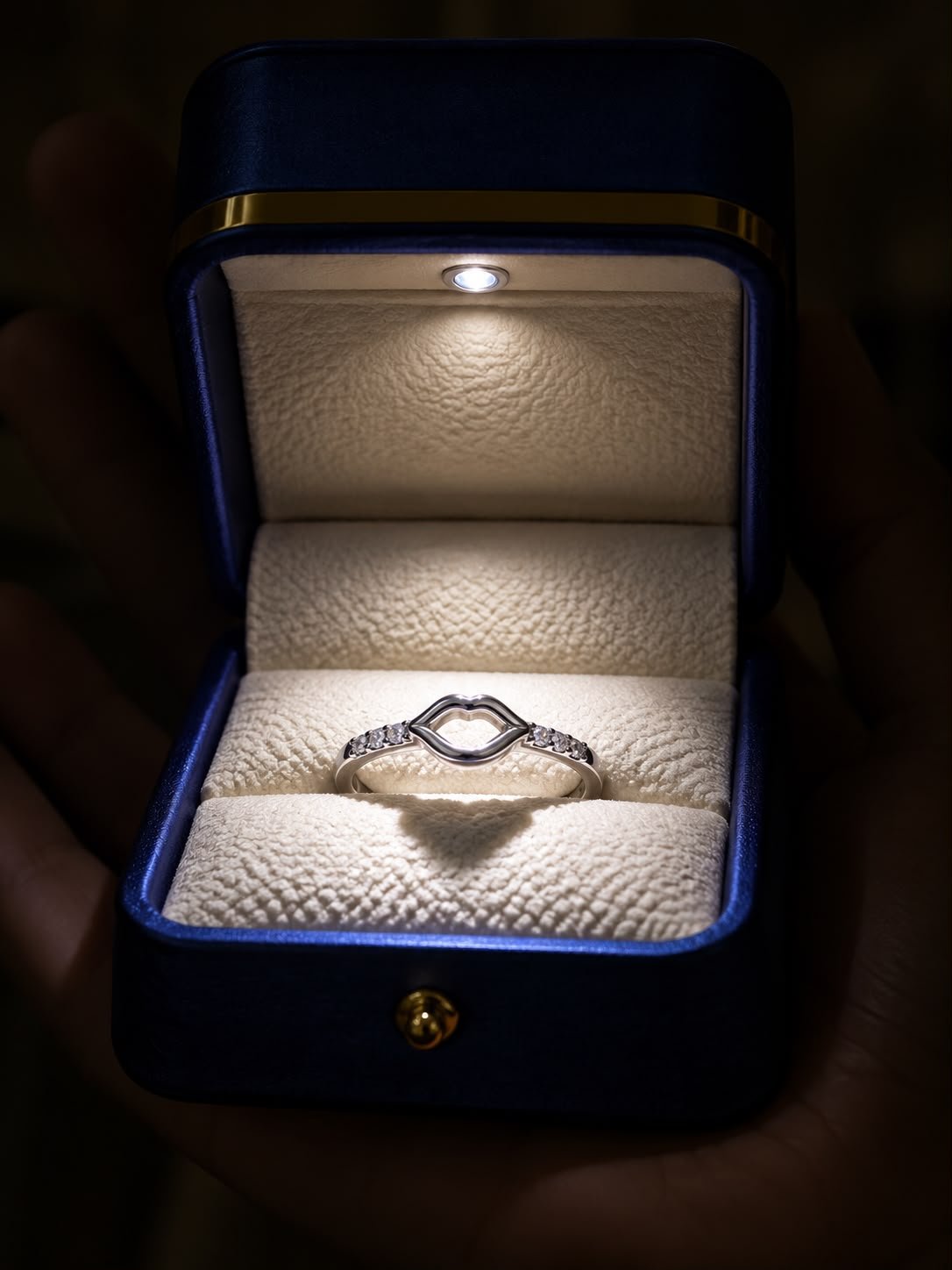 Lips Embrace Diamond Ring in 925 silver featuring a petite lips-shaped centre design and delicate diamond accents displayed in a navy blue jewellery box.