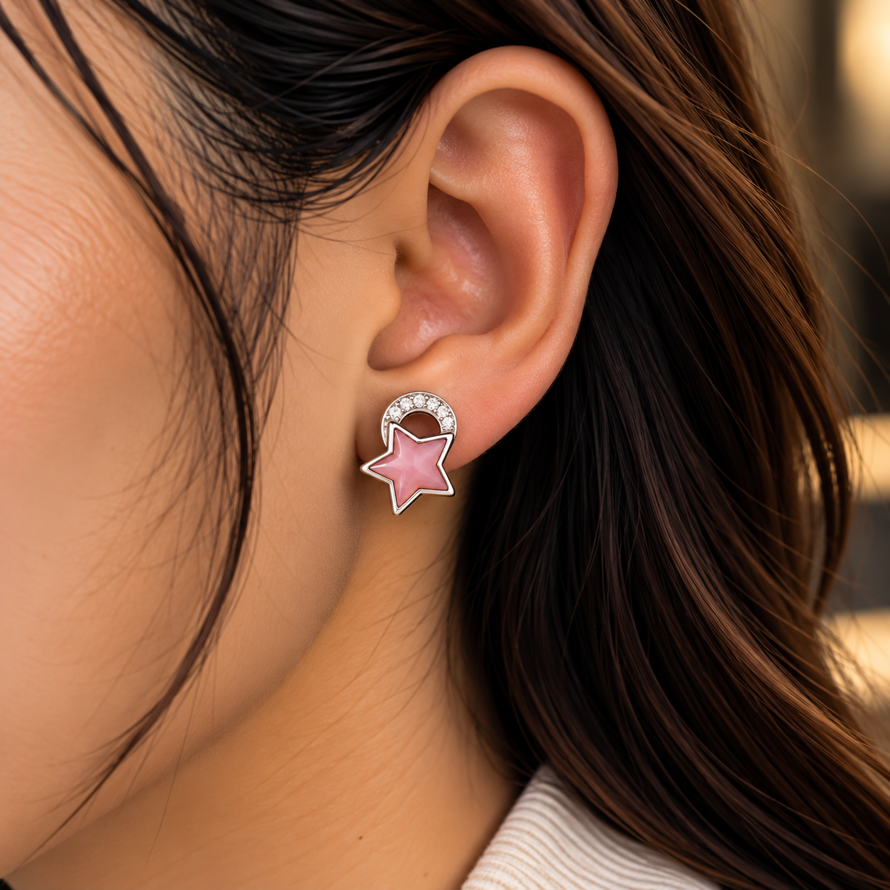 Pink Star Diamond Stud Earrings - Image 2